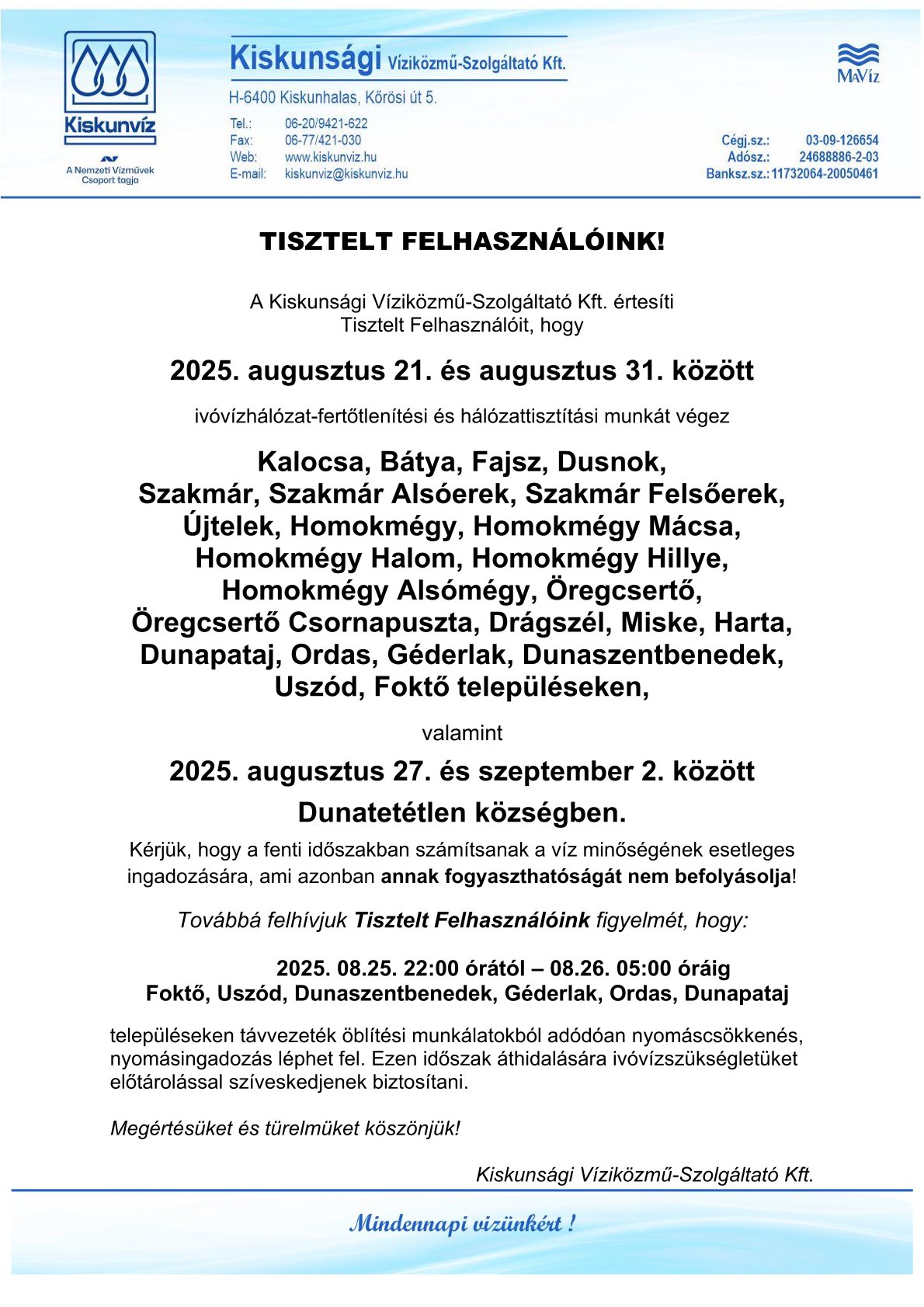 Ivóvíz fertőtlenítés 2025.08 hó