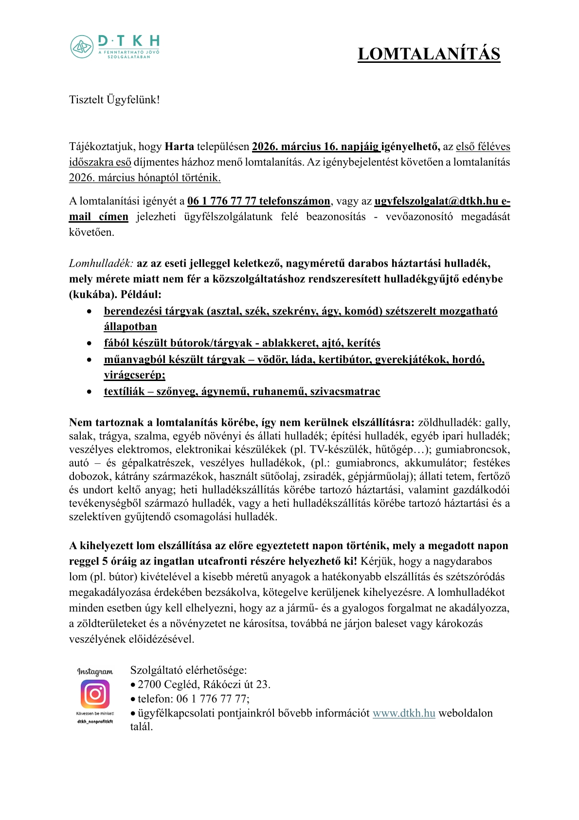 2026. évi I. féléves lomtalanítás tájékoztató 